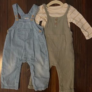 Cat and Jack chambray overalls and Grayson Collective overall and onesie set 6-9